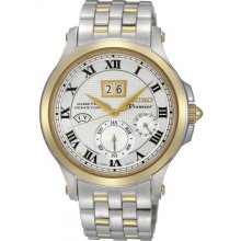 Seiko Men's Premier Kinetic Perpetual Two Tone Stainless Steel Case and Bracelet Silver Dial SNP042