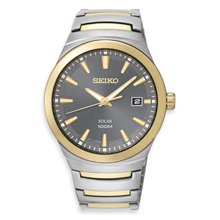 Seiko Mens Solar Analog Stainless Watch - Two-tone Bracelet - Gray Dial - SNE250