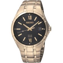 Seiko Men's Solar Gold Tone Stainless Steel Case and Bracelet Black Dial SNE220