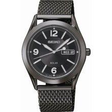 Seiko Men's Solar Stainless Steel Case and Mesh Bracelet Black Dial Day and Date SNE235