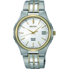 Seiko Mens Solar Stainless Watch - Silver Bracelet - White Dial - SNE122