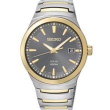 Seiko Men's Solar Two Tone Stainless Steel Case and Bracelet Gray Dial Date Display SNE250