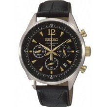Seiko Men's Stainless Steel Case Leather Strap Chronograph Black Dial Date Display SSB071