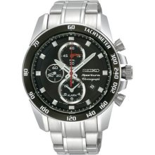 Seiko Men's Stainless Steel Sportura Alarm Chronograph Black Dial Link Bracelet SNAE69