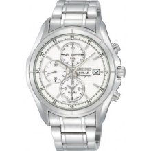 Seiko Men's Stainless Steel Solar Quartz Alarm Chronograph Silver Tone Dial SSC003