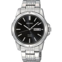 Seiko Men's Stainless Steel Solar Quartz Link Bracelet Black Dial SNE093