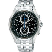 Seiko Men's Stainless Steel Alarm Chronograph Black Dial Link Bracelet SNAE83