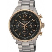Seiko Men's Stainless Steel Case and Bracelet Chronograph Black Dial Date Display Gold Bezel SSB068