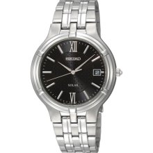 Seiko Men's Stainless Steel Solar Quartz Link Bracelet Black Dial SNE027