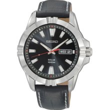 Seiko Men's Stainless Steel Solar Quartz Black Dial Black Leather Strap SNE161P2