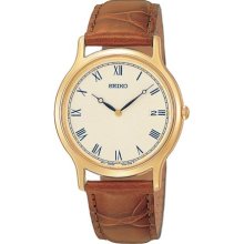 Seiko Men's Strap Watch - Gold-Tone - Light Brown Leather Strap - WR 30 Meters - SKP332