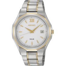 Seiko Men's Two Tone Stainless Steel Quartz Solar White Dial Date Display SNE156