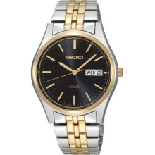 Seiko Men's Two Tone Stainless Steel Solar Quartz Link Bracelet Black Dial SNE034