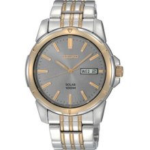 Seiko Men's Two Tone Stainless Steel Solar Quartz Link Bracelet Gray Dial SNE098