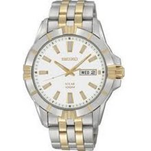 Seiko Men's Two Tone Stainless Steel Solar Quartz Link Bracelet White Dial SNE162