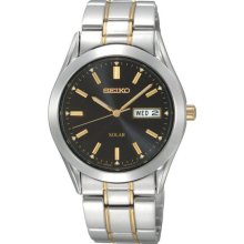 Seiko Men's Two Tone Stainless Steel Solar Quartz Link Bracelet Black Dial SNE047