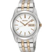 Seiko Quartz Mens White Day/date Dial Twotone Stainless Steel Dress Watch Sgga45