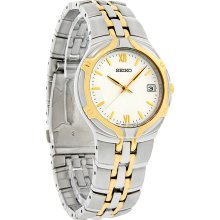 Seiko Quartz Mens White Dial Two Tone Stainless Steel Dress Watch SGEB58 New