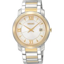 Seiko SGEE96 Men's Dress Gold Tone Bezel White Dial Two Tone Bracelet