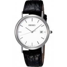 Seiko SKK693 Stainless Steel Dress Black Leather Strap White Dial