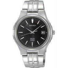 Seiko Sne121 Mens Stainless Steel Solar Quartz Link Bracelet Black Dial