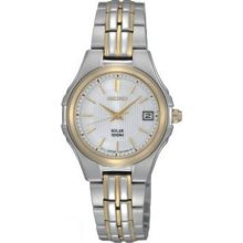 Seiko Solar Ladies Date White Dial Two Tone Bracelet Dress Watch SUT038