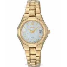 Seiko Solar Ladies Gold-Tone Watch - Mother-of-Pearl Dial - 50M WR SUT062