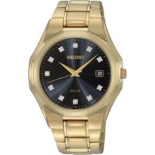 Seiko Solar Mens Gold-Tone Watch Black Dial Diamond Hour SNE182