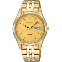 Seiko Solar Men's Goldtone Watch - Stainless Bracelet - Gold Dial - SNE036