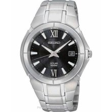 Seiko Solar Mens Stainless Steel Date Watch - Black Dial - 100m SNE087