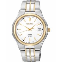 Seiko Solar Mens Two-Tone Watch - White Dial - 100M WR - Date Window SNE122