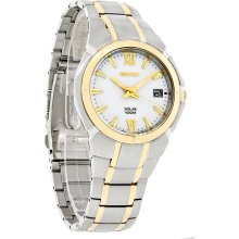 Seiko Solar Mens White Date Dial Two Tone Stainless Steel Bracelet Watch SNE088