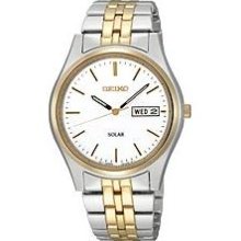 Seiko Two-tone Solar White Dial Stainless Steel Mens Watch Sne032