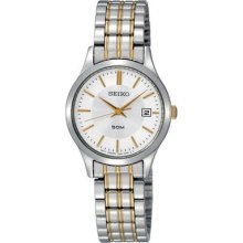 Seiko Womens $225 Two-tone Ss Dress Watch, Silver-tone Dial, Date - Sxdc39