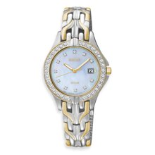 SEIKO Women's Solar Mother-Of-Pearl Dial Gold Accent Diamond Watch (Silver)