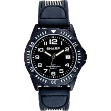 Sharp Mens Calendar Date Watch w/Round Black Case, Dial and Resin