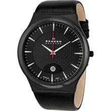 Skagen 234xxltlb Men's Black Carbon Fiber Dial Black Titanium Leather Band Watch