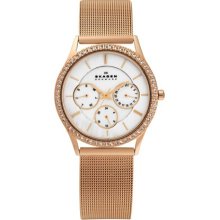 Skagen Denmark Womens Mother-of-pearl Dial Crystal Accented Rose Tone Mesh Watch