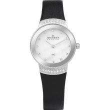 Skagen Ladies Stainless Steel Quartz Mother Of Pearl Dial Leather Black Strap 812SSLB1