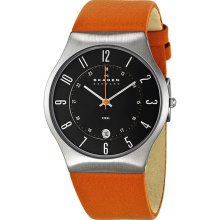 Skagen Mens Analog Stainless Watch - Orange Leather Strap - Black Dial - 233XXLSLO