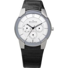 Skagen Mens Multifunction Stainless Watch - Black Leather Strap - White Dial - 856XLSLC