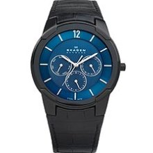 Skagen Men's Steel Croco-Embossed Black Leather Strap Blue Dial Watch