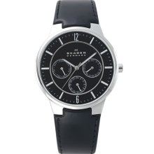 Skagen Round Multifunction Leather Strap Watch