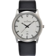 Skagen Silver Dial Black Leather Mens Watch 124XLSLB