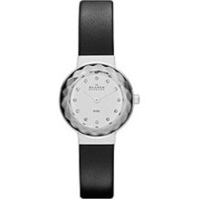 Skagen Womens Crystal Analog Stainless Watch - Black Leather Strap - Silver Dial - SKW2005