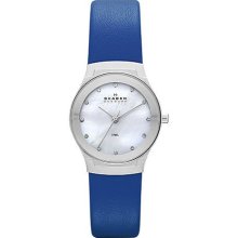 Skagen Womens Studio Brights Crystal Analog Stainless Watch - Blue Leather Strap - Pearl Dial - SKW2020
