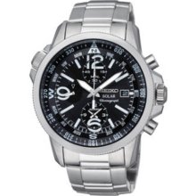 Solar Stainless Steel Case and Bracelet Chronograph Black Dial Date Display Comp
