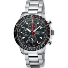 Stainless Steel Solar Flight Quartz Alarm Chronograph Black Dial