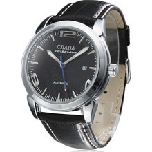 Stylish Men's Full Automatic Movement Mechanical Leather Wrist Watch with Calender