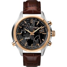 Timex 'Intelligent Quartz' World Time Leather Strap Watch Brown/ Rosegold
